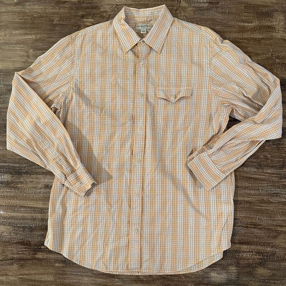 Banana Republic Shirt Men’s Yellow Checkered Button Up Shirt Size Large